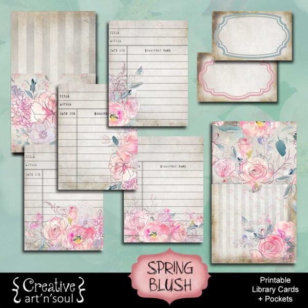 Printable Junk Journal Library Cards and Pockets, Spring Blush