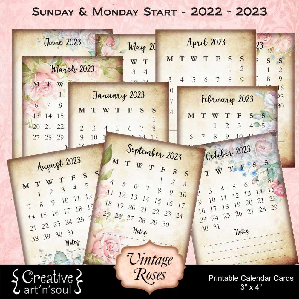 Vintage Roses Printable Calendar Cards 2022+2023 3″x4″ - Creative ArtnSoul