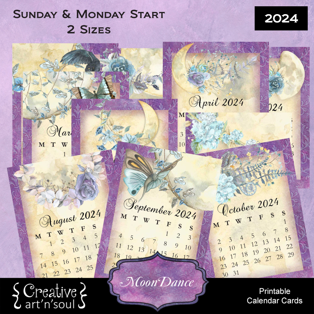 Printable Calendar Cards 2024, Sizes 3"x4" + 4"x5", Sunday + Monday Start -  Creative ArtnSoul