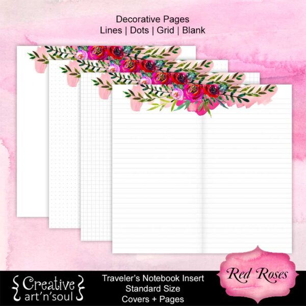 Travelers Notebook Printable Inserts, Red Roses