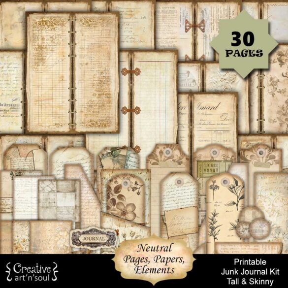Printable Junk Journal Kit, Tall and Skinny Neutral - CreativeArtnSoul