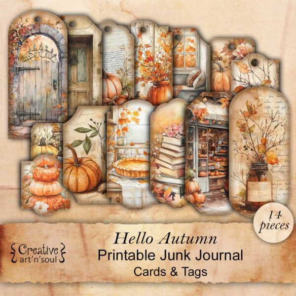 Hello Autumn Printable Junk Journal Cards & Tags - CreativeArtnSoul