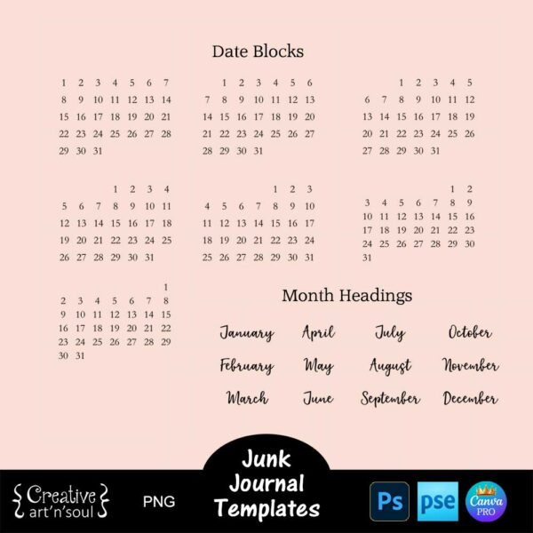 Junk Journal Calendar Cards Template