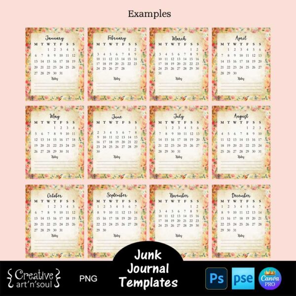 Junk Journal Calendar Cards Template
