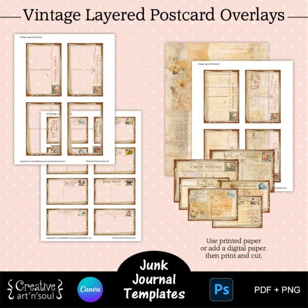Printable Junk Journal Templates, Vintage Layered Postcards